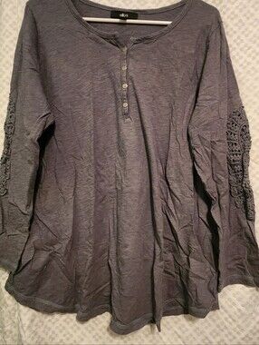 ellos Women's Long Sleeve Dark Green/Gray Henley with Crochet Elbow Panels
